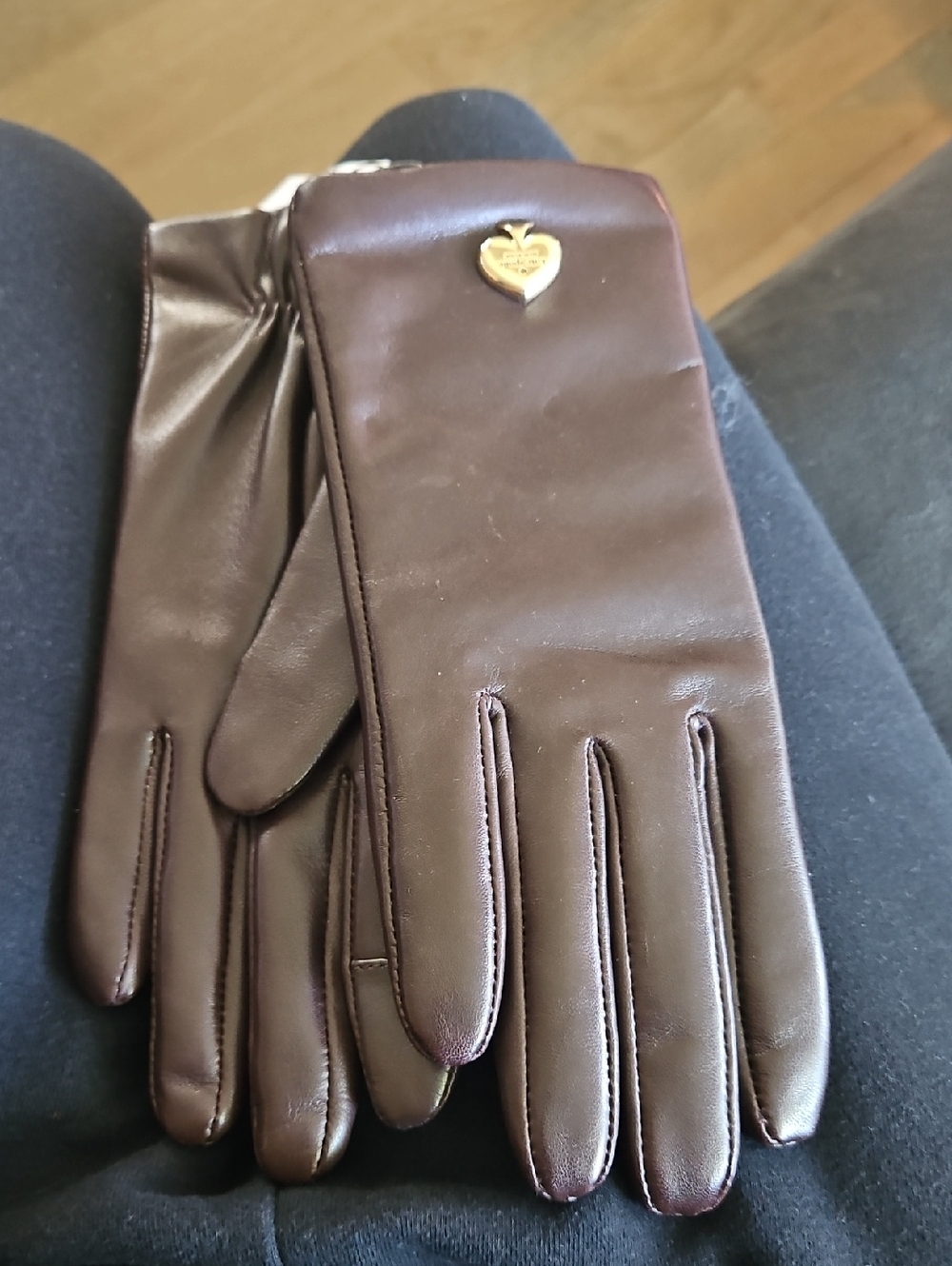Brown Leather Gloves with Gold Heart Accent
